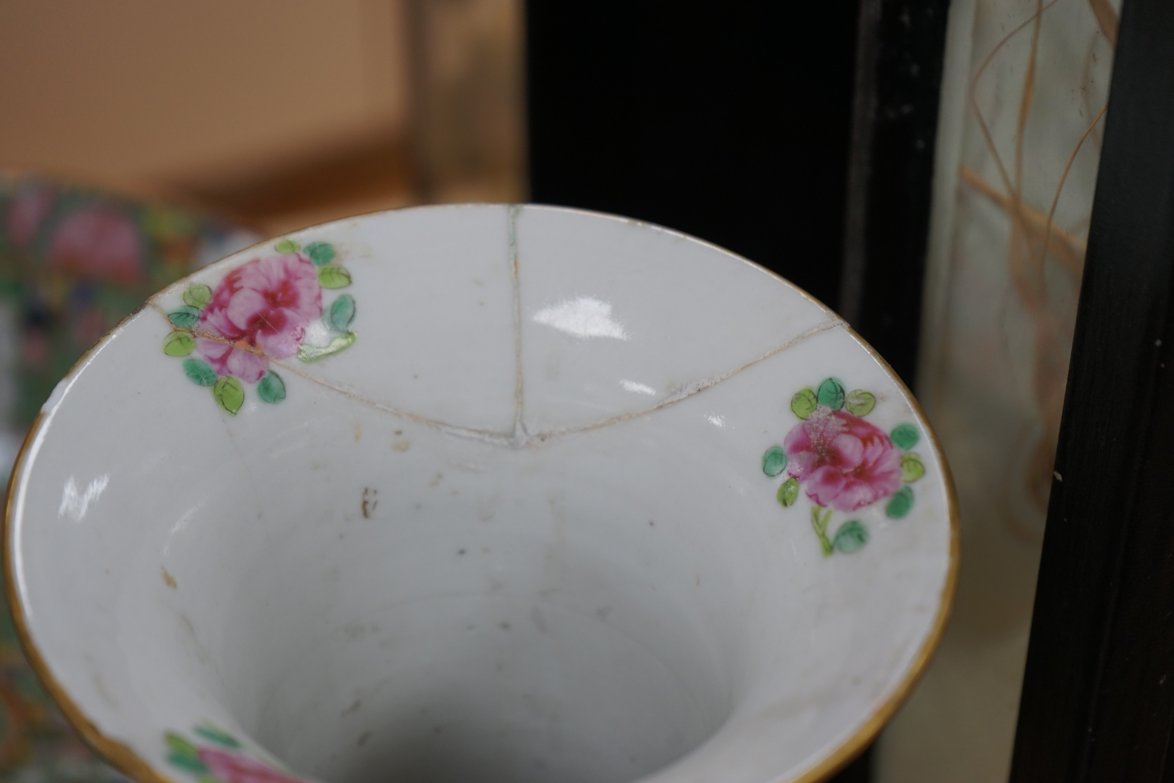 A Chinese famille rose sleeve vase, a similar bowl and a crackle glaze vase, 19th century and later, 31cm